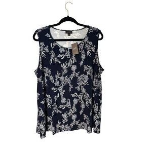 NWT J. Jill Wearever Collection Sleeveless Navy Blue Floral Print  Tank Top L